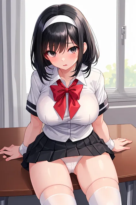 high school girl　uniform　White blouse　Black Mini Skirt　White Knee Socks　Black Hair　Shortcuts　hair band　Beautiful breasts　White panties　Bite