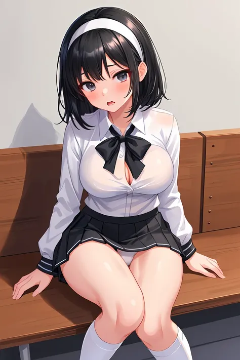 high school girl　uniform　White blouse　Black Mini Skirt　White Knee Socks　Black Hair　Shortcuts　hair band　Beautiful breasts　White panties　Bite