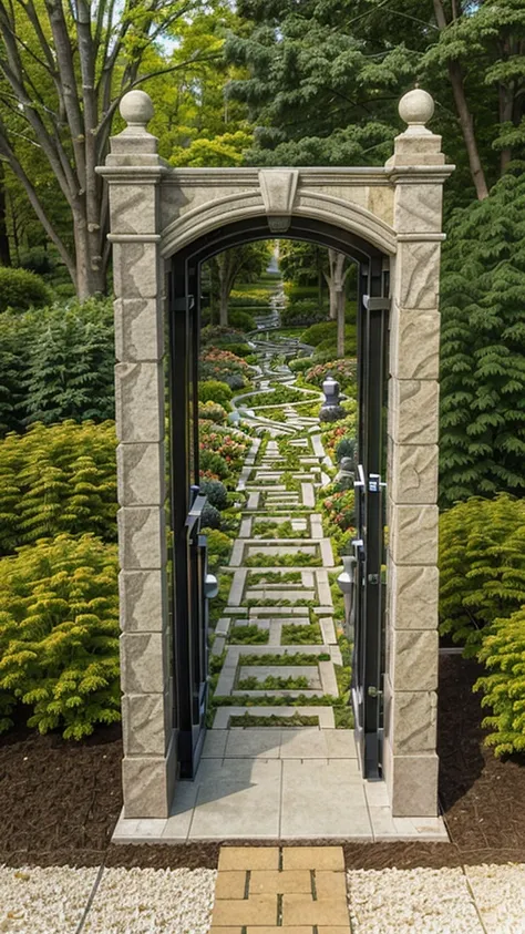 two rectangular koi ponds, in the middle a brick bench and a bridge area, the koi ponds are connected, aerial view, outdoor koi ...