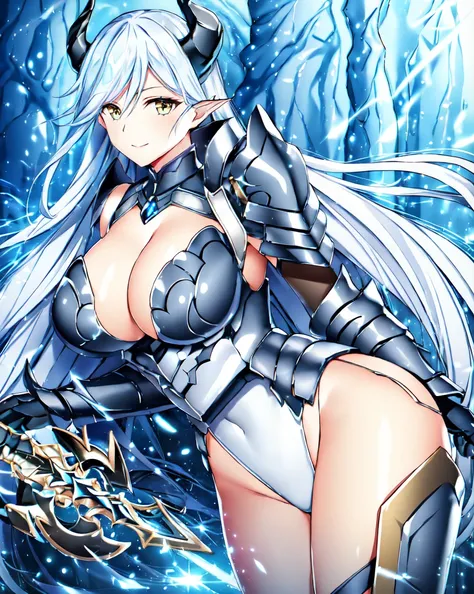 armor, leotard, shoulder armor, cleavage cutout, leotard, breastplate, gauntlet, thig high boots, detachable collar, large breasts, cleavage, long hair, white hair, yellow eyes, beautiful, horn on side head, masterpiece, masterwork, super fine illustration...