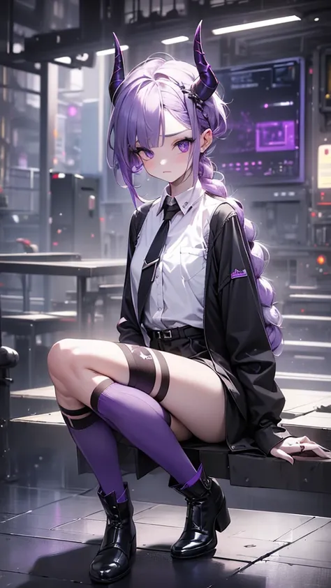 boy thoughtful look open forehead. white and purple hair braided in a ponytail on the left side to one side. sinuous black horns wrapped in dark purple ribbon. pale violet eyes. in short dark purple shorts. long white T-shirt. dark purple knee-high socks. ...