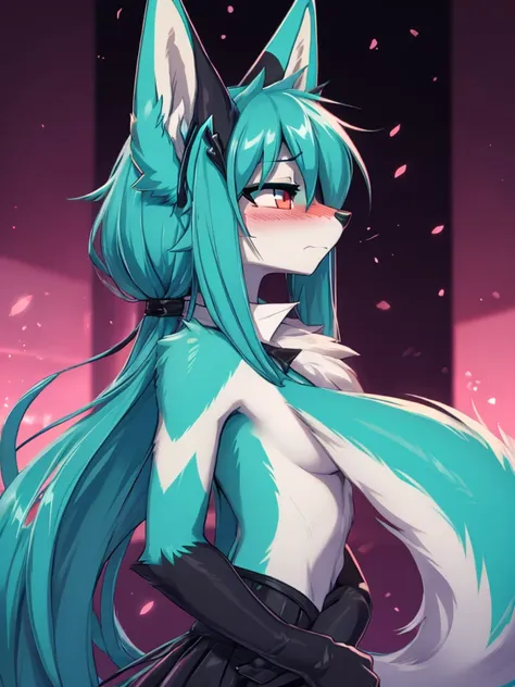 Miku Hatsune x vixen, mid side view background full body high definition, jealous, hands together upset, blushing face high definition, posing half body add_detail:1 