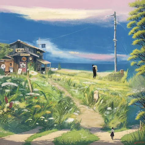 Painting of a woman walking along the path leading to the house, style of Xin Haicheng, Anime rural scenery, ( ( Xin Haicheng ) ), studio glibly Xin Haicheng, by Xin Haicheng, author：Xin Haicheng, Xin Haicheng. —h 2160, Xin Haicheng, in style of Xin Haiche...