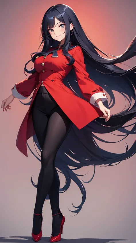 Cute Woman, Full Body, Smiling, Very Long Hair, Dark Blue Hair, Very Shiny Hair, Red Blouse 1.1, Black Pants 1.1, Black Heels 1.1, Red Sole 1.1, Jumping, Giant Operated Background