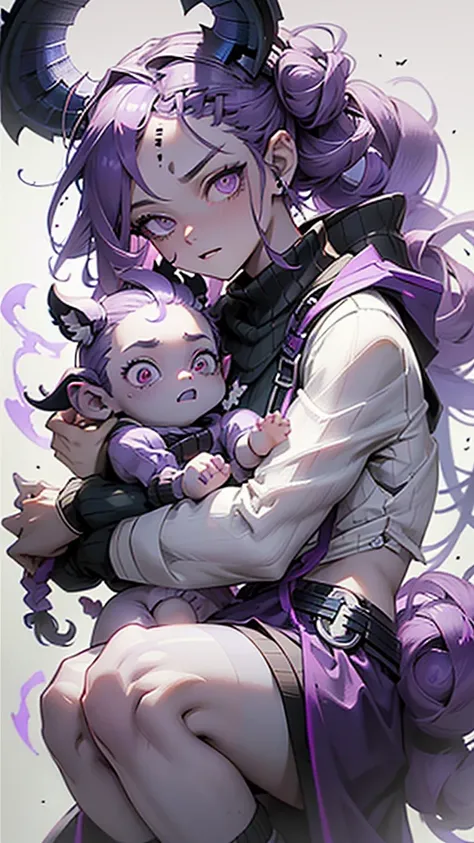 boy thoughtful look open forehead. white and purple hair braided in a ponytail on the left side to one side. sinuous black horns wrapped in dark purple ribbon. pale violet eyes. in short dark purple shorts. long white T-shirt. dark purple knee-high socks. ...