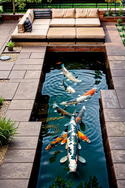 a lounge with brick bench in the middle of a koi pond, a central courtyard with top-down view, two rectangular koi ponds, in the...