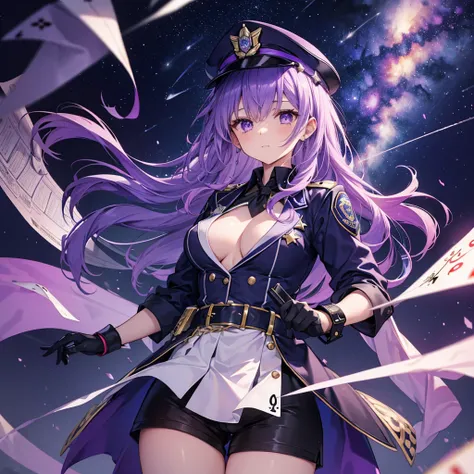 ((Fantasy　Purple Hair　Long Hair　Purple eyes　Female police officer　star badge　policemans cap　Chest Opening　Lonely　despair))　((Spade playing card　Broken glass　gloves　milky way))　(comet　moon)　Catch the wind　autumn　Glowing purple background　Particles of light,...