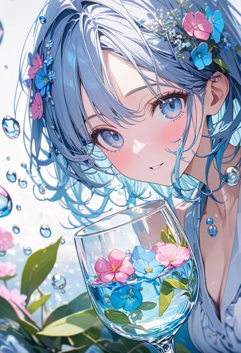 Super detailed, 8K, glass, Water in a glass, Glass flowers, bubble, Right blue water, nice, bright、Blue Hair