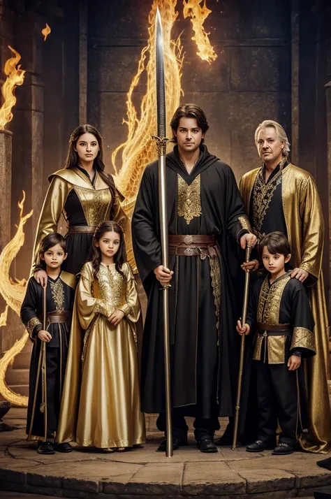 Fantasy family with father mother older brother older sister Middle sister and two twin brothers, women with magician dress and canes, man with huge swords, in a prairie robe fighting a majestic golden dragon 