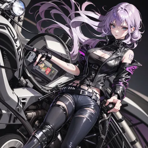 The beautiful biker girl ,Light purple hair elegantly curled,blue light eyes, punk styles, has tattos on the arm , Masterpiece（（tmasterpiece）），Black color Leather jacket（（black jean ）），，adolable，Raised sexy，