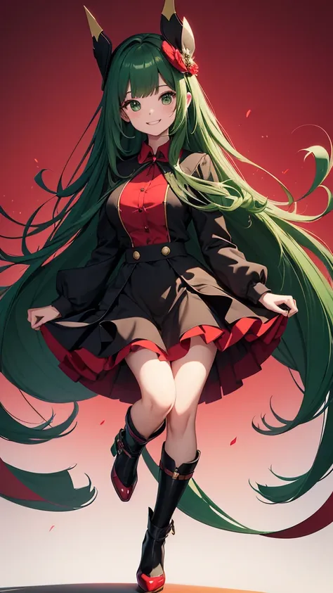 Cute Woman, Full Body, Smiling, Very Long Hair, Dark Green Hair, Very Shiny Hair, Red Blouse 1.1, Black Skirt 1.1, Black Heels 1.1, Red Sole 1.1, Jumping, Giant Operated Background