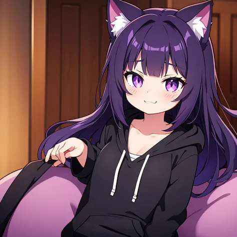 cute cat girl, cat ears, black hair, black cat ears, purple eyes, smug, black hoodie, only head in frame, straight bangs, medium length hair, purple hair pin, 1 girl