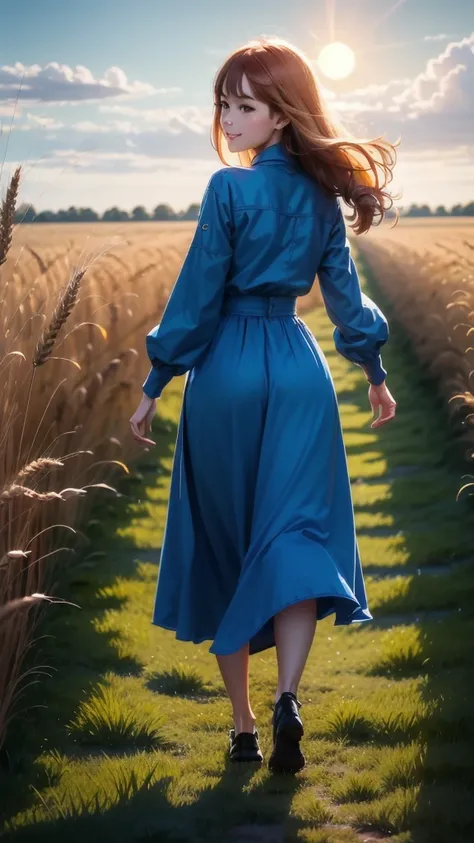 1 girl, alone, long orange hair, run, (tall wheat field), turn around, emerald eyes, long blue dress, middle ages, medieval cost...