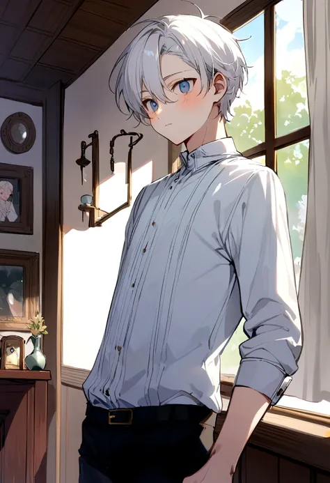 A White Hair Boy Silver Hair that has Ferminine Body Background Living Room Age 17 Year Old He has Flat Breast