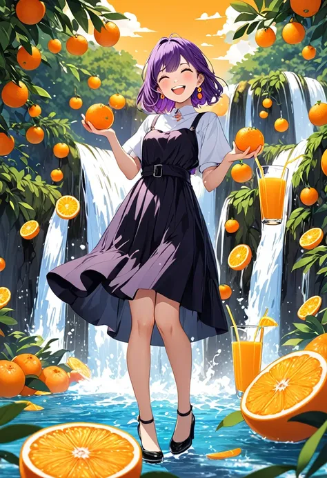 Purple hair girl painting、Glass mandarin orange earrings decorate both ears、Standing among slices of oranges and taking a photo, Splash, Cool and complicated, Hand holding sliced orange, A very happy expression with plenty of orange juice、Orange juice spil...