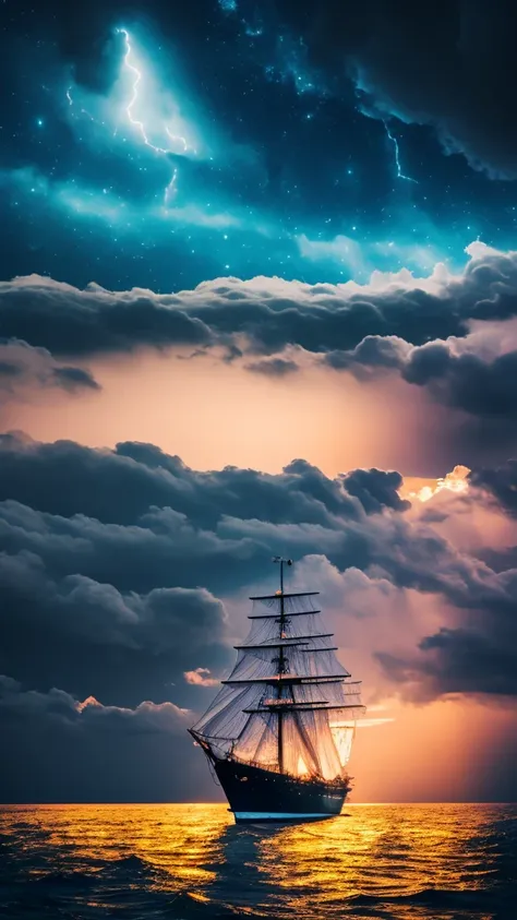 in the distance a sailing ship, ocean, storm, nebulae in the background,