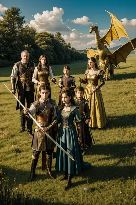 Fantasy family of 7 members with father mother older brother older sister Middle sister and two twin brothers, women with magician dress and canes, man with huge swords, in a meadow fighting with a majestic golden dragon 