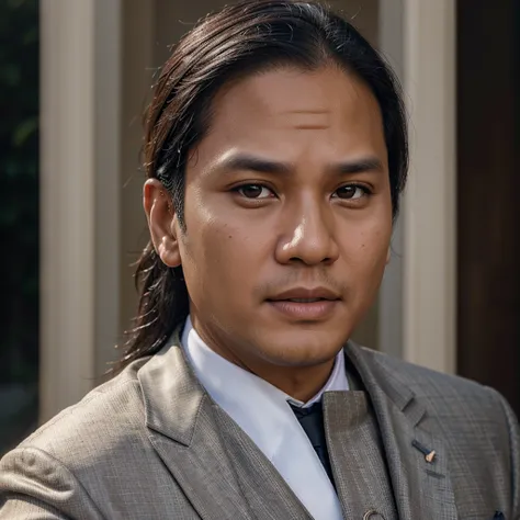 Prabowo in formal attire, charming expression, realistic photography, detailed facial features, high-quality, cinematic lighting, shallow depth of field, 8k, photorealistic