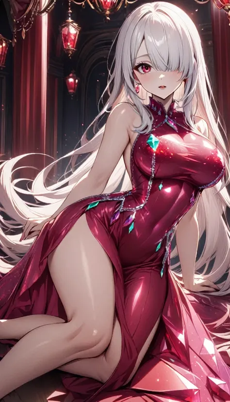 1lady,albino,white hair,straight long hair,hair over one eye,red eyes,large breasts,paraiba tourmaline crystalline dress