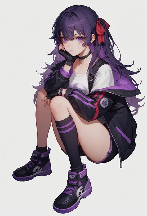 (score_9,score_8_superior,score_7_superior,),One girl,miki zf,Fingerless gloves,Knee socks,Black Hair,Purple eyes,Simple Background,White Background,Red Bow,shirt,Black Choker,View your viewers,Long Hair,Braiding,Jacket,Hair Ribbon,Purple Hair,Inner hair c...