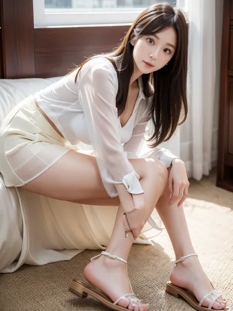 White long tight skirt  、Sheer blouse、(Highest quality)、((Very detailed))、4K、(8K)、masterpiece、Very detailedな、Highest quality、Super Resolution、1 person、Kind Face、Soft Light、RAW quality、Soft Skin、Sandals、163cm