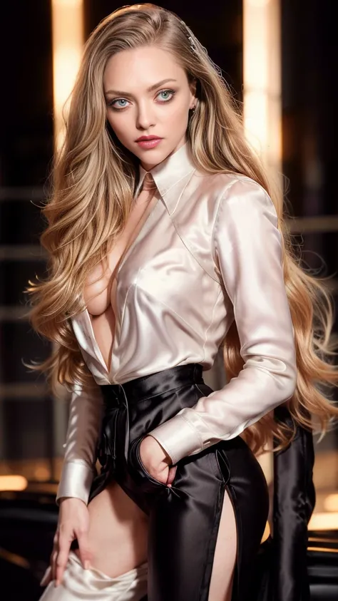 (Amanda Seyfried)long curly blonde hair, gorgeous eyes, high arched eyebrows, seductive look,big breasts, (black business suit with white low-cut silk shirt:1.5), black leather pants, stilettos, midnight modern metropolis Paris France neon signs background...