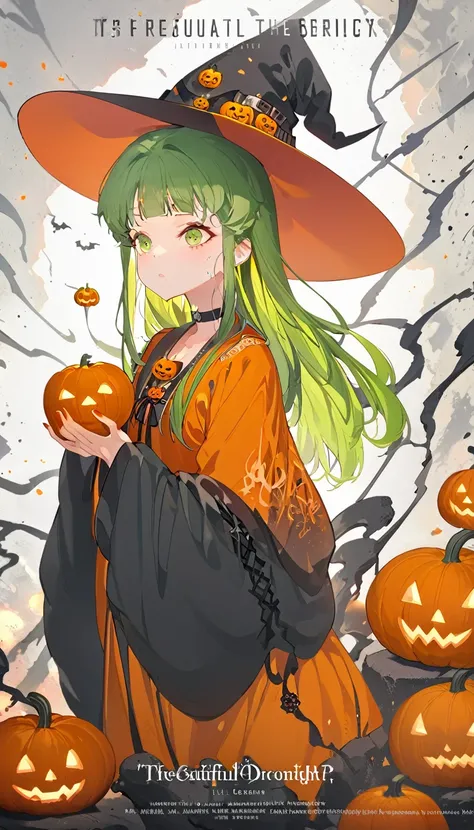 ((top-quality)), ((​masterpiece)), ((Ultra-detail)), (extremely delicate and beautiful),(((Dramatic)))、(((gritty)))、(((vehement)))Movie poster featuring a beautiful witch woman as the main character。Beautiful long green hair、Magazine Art、She wears witch co...