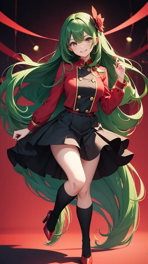 Cute Woman, Full Body, Smiling, Very Long Hair, Dark Green Hair, Very Shiny Hair, Red Blouse 1.1, Black Skirt 1.1, Black Heels 1.1, Red Sole 1.1, Jumping, Giant Operated Background