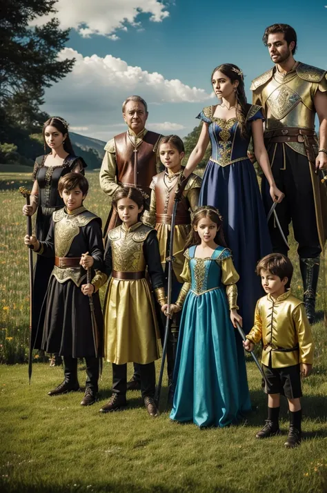 Fantasy family of 7 members with father mother older brother older sister Middle sister and two twin brothers, women with magician dress and canes, man with huge swords, in a meadow fighting with a majestic golden dragon 