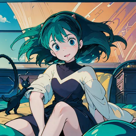 score_9, score_8_up, score_7_up, lum, retro artstyle, 1980s style, blue eyes, eyeshadow, green hair, long hair, bangs, horns, aq...