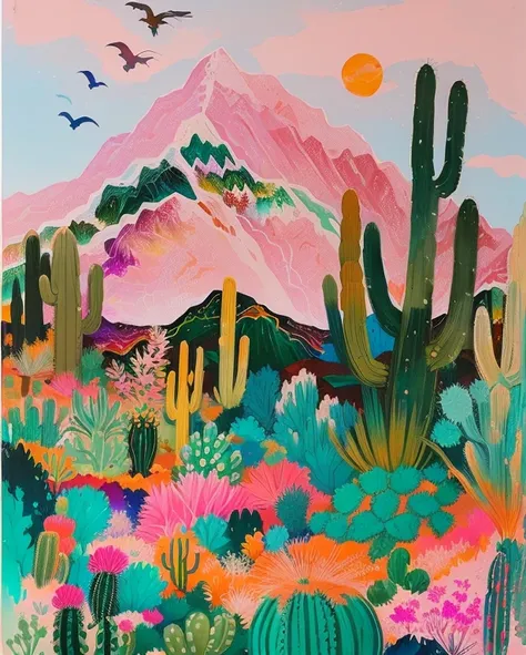 A painting of a desert landscape with cactus trees and mountains,psychedelic landscape, Painted landscapes, Inspired by Mary Blair, Vibrant gouache landscape painting