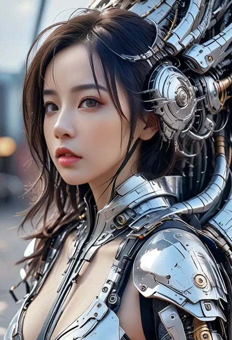 a beautiful woman wearing mechanical armor, wielding big guns, with robotic wings of steel, detailed face, eyes, lips, photorealistic, 8k, highly detailed, dramatic lighting, sci-fi, intricate machinery, chrome, steel, futuristic, cinematic