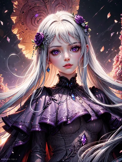 a beautiful detailed girl with long silver hair, purple eyes, a serious expression, wearing an elegant dress, elegant and graceful, highly detailed portrait, realistic, photorealistic, 8k, best quality, masterpiece