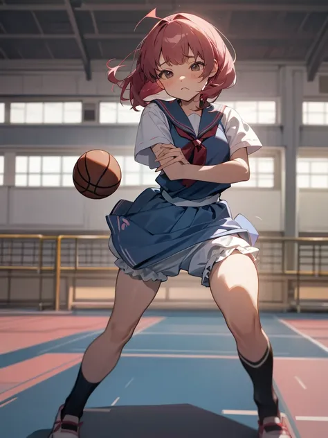 Japanese School Physical education class , healthy Eros , halation , ugly girl , round face , loose body , (Bloomers) , basketball , motion blur , dynamic play