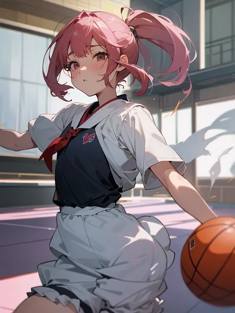 Japanese School Physical education class , healthy Eros , halation , ugly girl , round face , loose body , (Bloomers) , basketball , motion blur , dynamic play