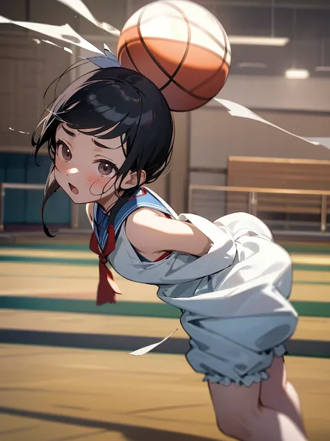 Japanese School Physical education class , healthy Eros , halation , ugly girl , round face , loose body , (Bloomers) , basketball , motion blur , dynamic play