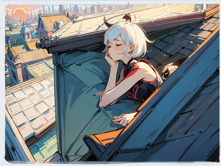 Big-breasted Spider-Gwen is sleeping on the roof of a building, the sun is rising.