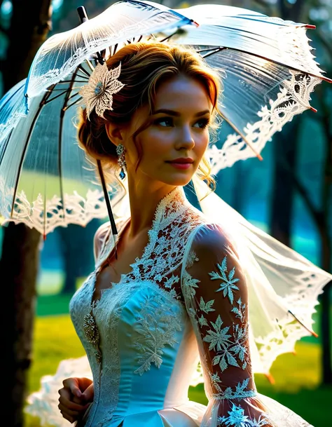 A huge parasol in finely chiseled and openwork frozen fire lace offers shade to a sublime happy and radiant woman walking in a park,  a few small sparks come out of the edges of the umbrella, masterpiece, extremely detailed, sublime and sensual fractal det...