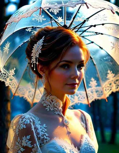 A huge parasol in finely chiseled and openwork frozen fire lace offers shade to a sublime happy and radiant woman walking in a park,  a few small sparks come out of the edges of the umbrella, masterpiece, extremely detailed, sublime and sensual fractal det...