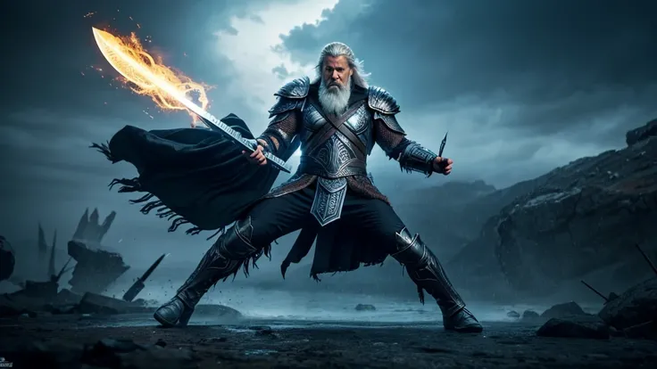 Epic CG masterpiece, "Odin" in battle armor came like a god The dancing long knife, charging forward battlefield, the burst meteor, the fierce battle of fighting with his life, God Odin raised his spear and looked down on all living beings in a rainy night...