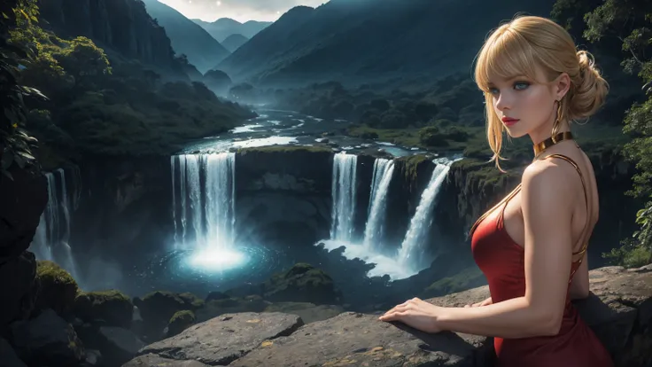 In an 8k resolution photo, a stunning Transylvanian woman with a perfect physique, blonde hair flowing down her back like a river of gold and piercing blue eyes takes center stage at the edge of a huge waterfall overlooking the  valley.  Her features are a...