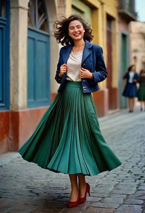 a smiling, authentic, (shy:1,3), kind, beautiful woman, is passionately in love with her skirt, wind lifts her skirt, wearing un...