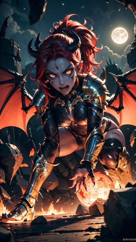 girl, gargoyle warrior, comprised of Antikythera mechanisms, crouching, evil look, sexy, armour panties, claws, fangs, wings, busty,  demon tail, demonic armor, facepaint, bodypaint, red glowing eyes, combat stance, vibrant appearance, creative behavior, i...