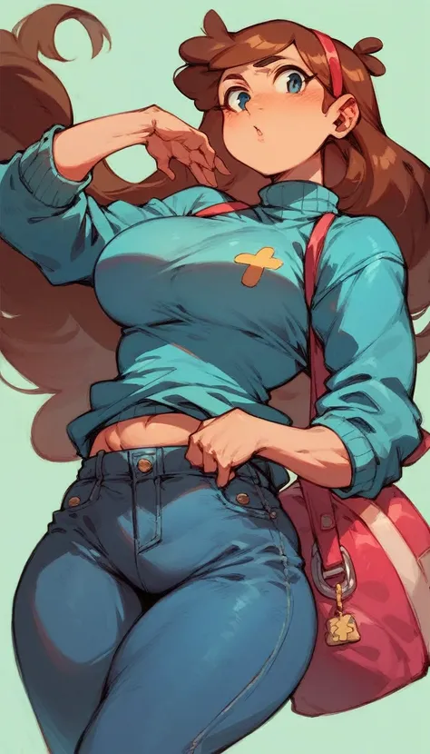 Mabel Pines wearing tight sports jeans and a leather top while having big breasts 