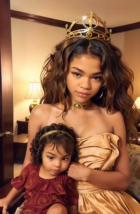 black queen with daughter, queen like zendaya, zendaya adulte with daughter, curly hair, african queen with long curly hair, dau...