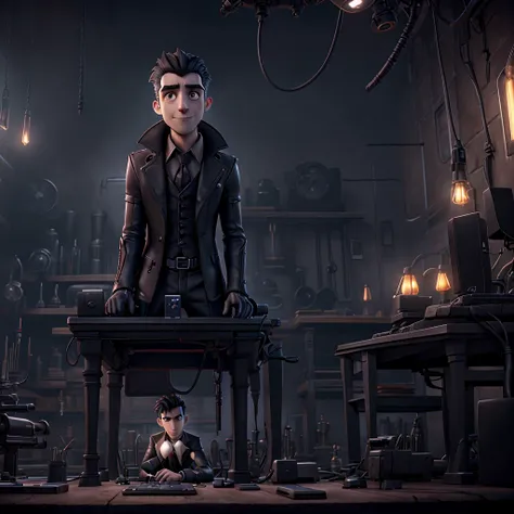 a male vampire sitting in a high-tech laboratory surrounded by various gadgets and devices, ultra-detailed, 8k, photorealistic, chiaroscuro lighting, moody atmosphere, gothic horror, dramatic shadows, glowing computer screens, complex machinery, mechanical...