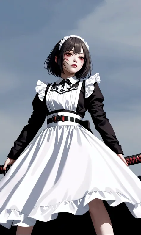 A maid girl holding two katana, standing on a dead body on the ground, extremely detailed, hyper detailed, photorealistic, 8k, highly detailed facial features, beautiful detailed eyes, beautiful detailed lips, extremely detailed eyes and face, long eyelash...