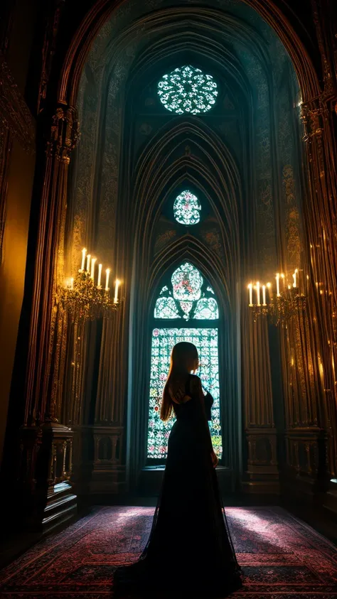 woman, room, night light, barely visible faces on the walls, gothic room