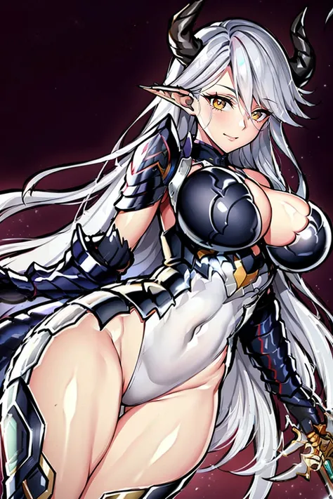 armor, leotard, shoulder armor, cleavage cutout, leotard, breastplate, gauntlet, thig high boots, detachable collar, large breasts, cleavage, long hair, white hair, yellow eyes, beautiful, horn on side head, masterpiece, masterwork, super fine illustration...