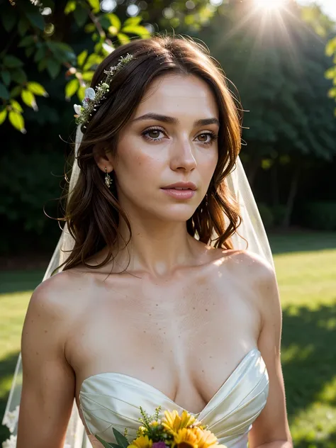 (best quality, masterpiece, highest detailed), (photorealistic:1.2), (detailed light:1.2), (Realistic skin texture:1.4), raw photo, lush middle-aged brunette, bride, white wedding dress, deep neckline, on the lawn  , (wedding), looking at viewer, sunlight ...